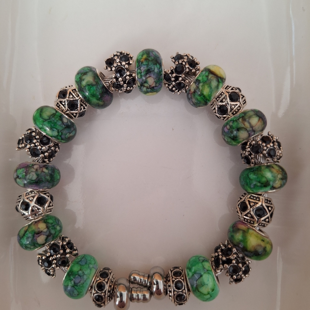 Green, Black, and Silver, Handmade, Adjustable Beaded Bracelet